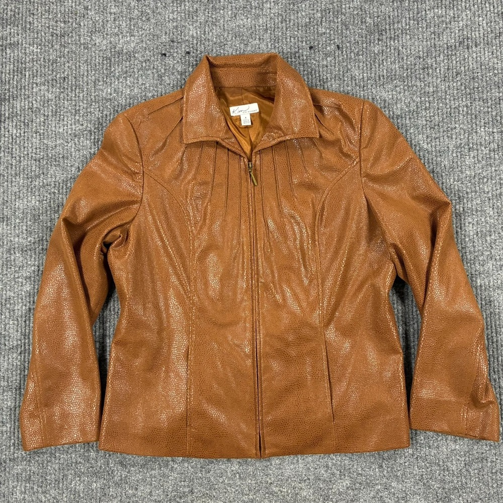 Kim Rogers Womens Full Zip Jacket Textured Size 8 Brown Faux Leather Long Sleeve